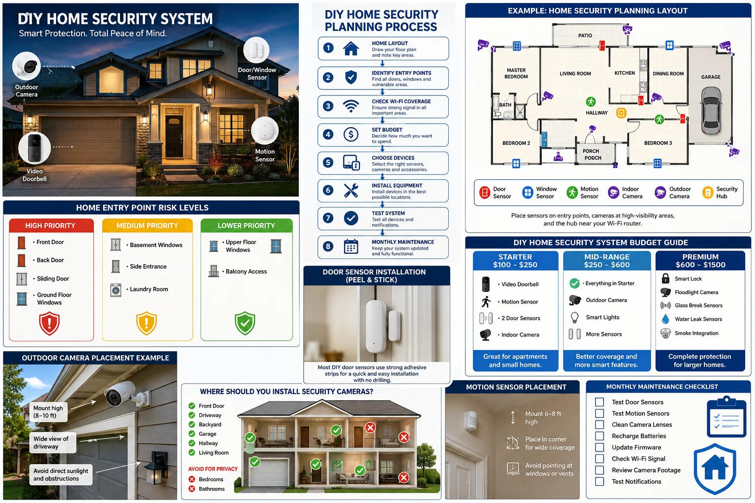 Comprehensive DIY home security planning infographic showing 8-step process, room-by-room sensor placement, camera elevation, and budget tiers