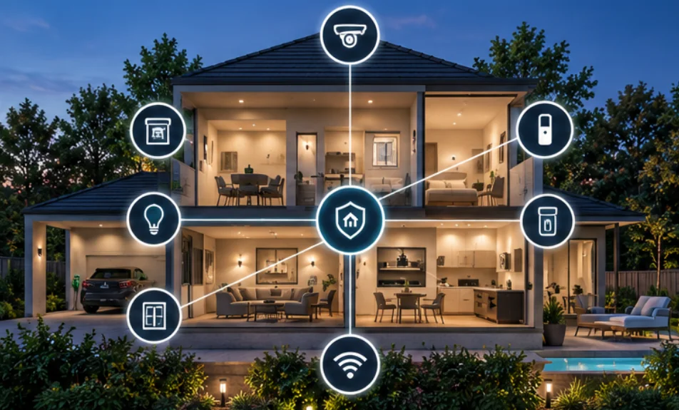 Cross-section of a modern residential home showing central Shield N Shelter protection connecting cameras, locks, lighting, and sensors