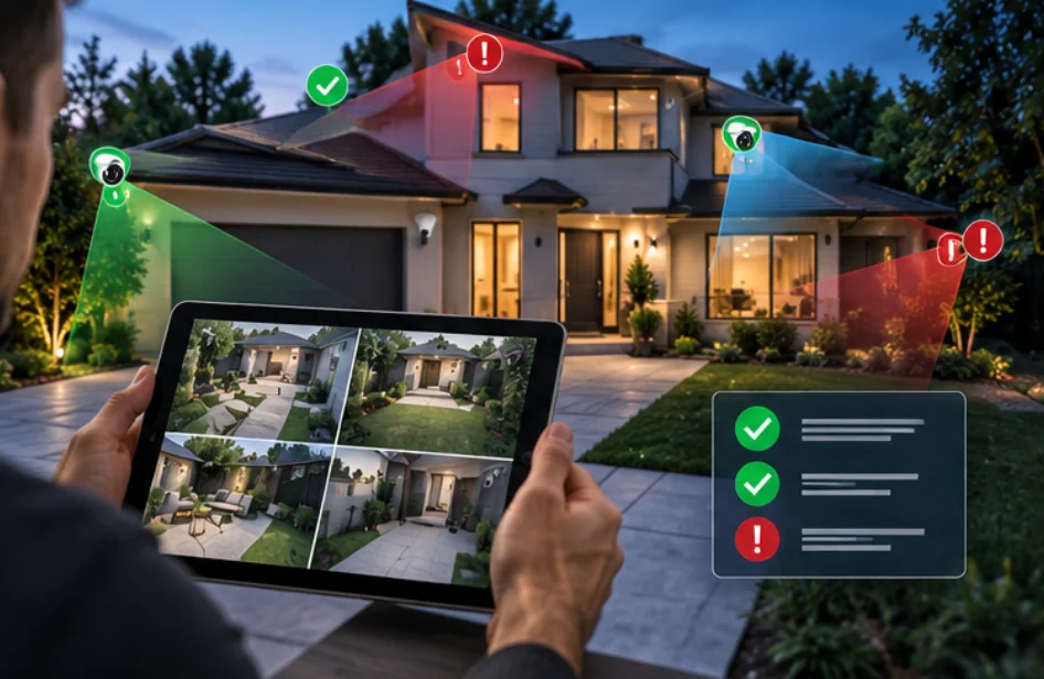Homeowner managing DIY security installation and camera feeds using an interactive tablet plan