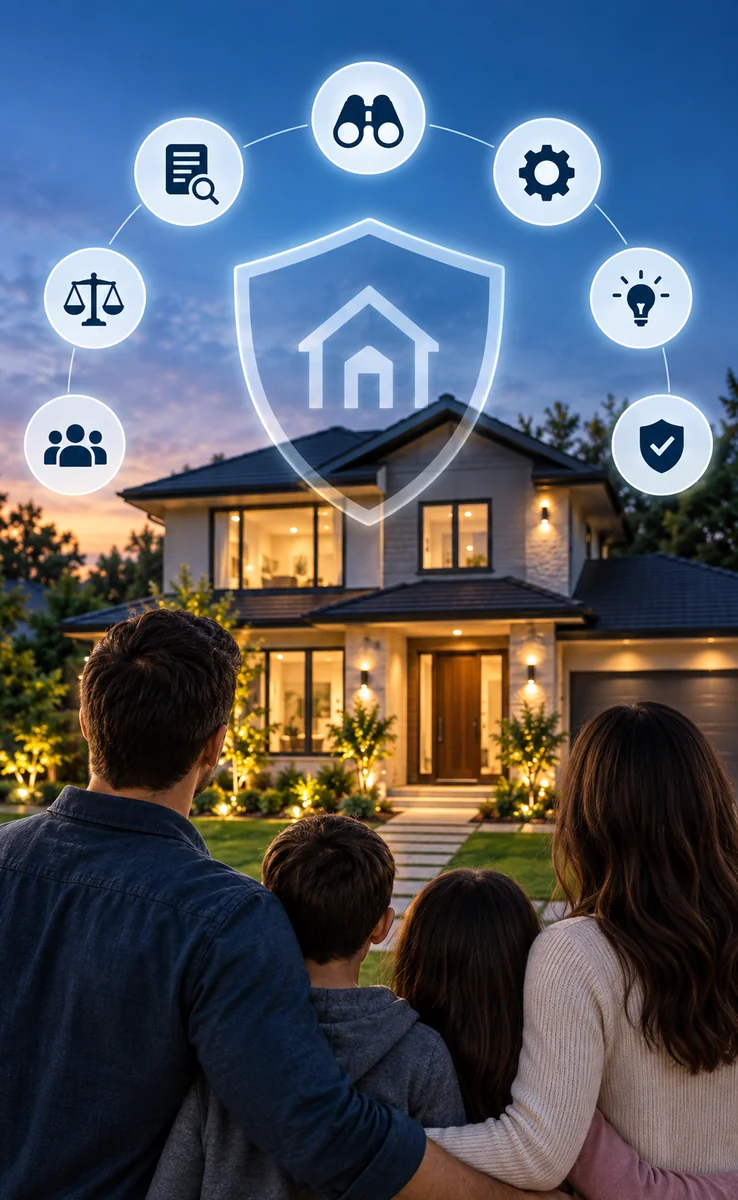 Protected homeowner family in front of their illuminated home with Shield N Shelter certified security icons and defense shield