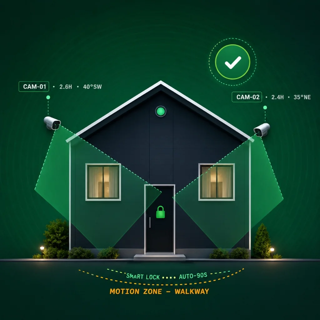 Family home protected by planned camera coverage cones, motion zones, and smart lock integration