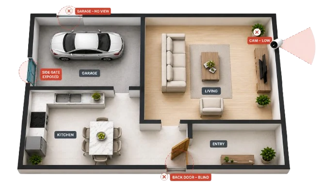 Typical installer home security setup showing vulnerable blind spots at the garage, side gate, and back door